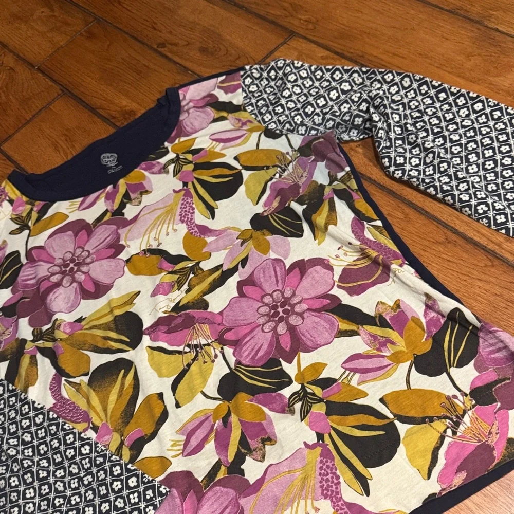 Tory Burch Floral Contrast-Sleeve Long Sleeve Tee in Pink, Yellow, Black - Picture 6 of 6
